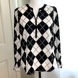 Talbots black & off-white argyle blouse